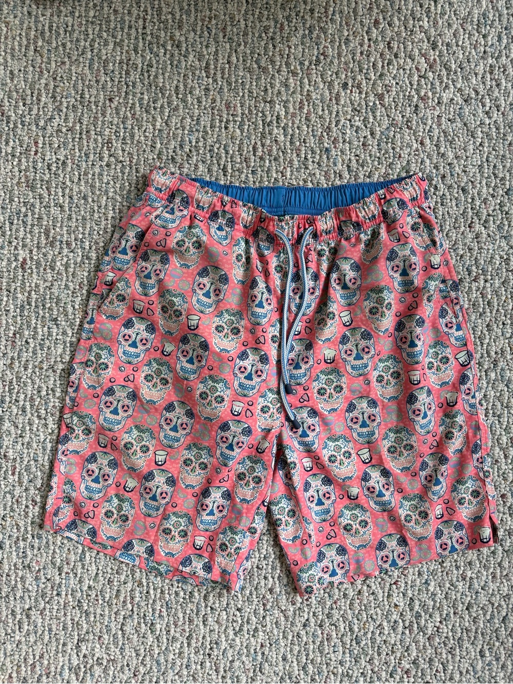 Peter Millar Coral Pink Skull-Print Swim Trunks